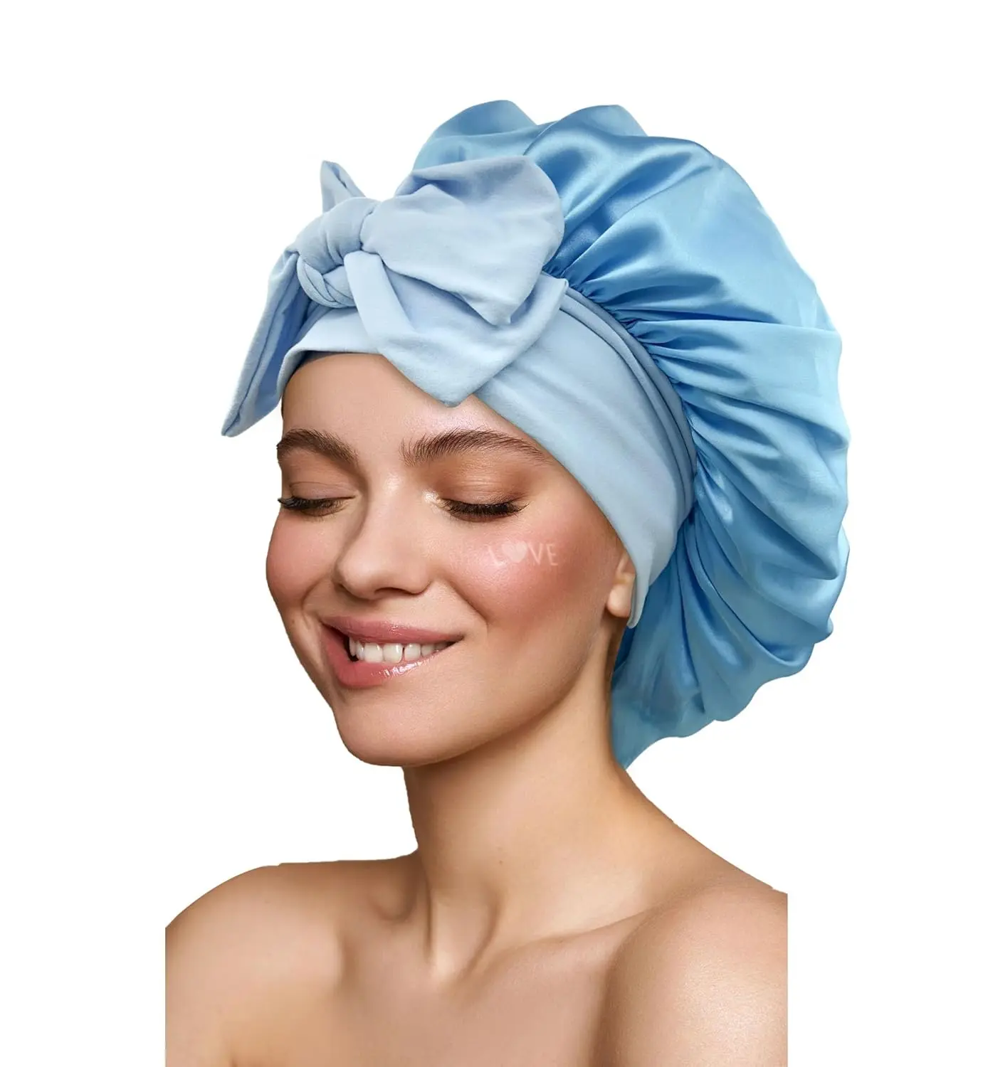 Satin Silk Hair Bonnet for Sleeping Large Bonnets with Tie Band Wrap with Adjustable Straps Night Sleep Caps for Women Curly Braid Hair Sky Blue