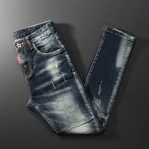 Streetwear Fashion Men Jeans Retro Black Blue Elastic Slim Fit Ripped Jeans Men Spliced Designer Embroidery Hip Hop Denim Pants