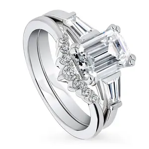 BERRICLE Sterling Silver 3-Stone Wishbone 7-Stone Engagement Rings Statement Stackable Band for Women, 2.1 Carat Emerald Cut Cubic Zirconia CZ Ring Set