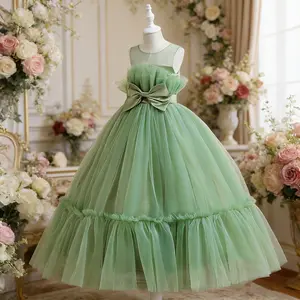 326 5-14 Years Long Wedding Dress Kids Elegant Dress Bow For Girls Party Fluffy tulle embroidered stage costume for a host catwalk and piano performance Dress
