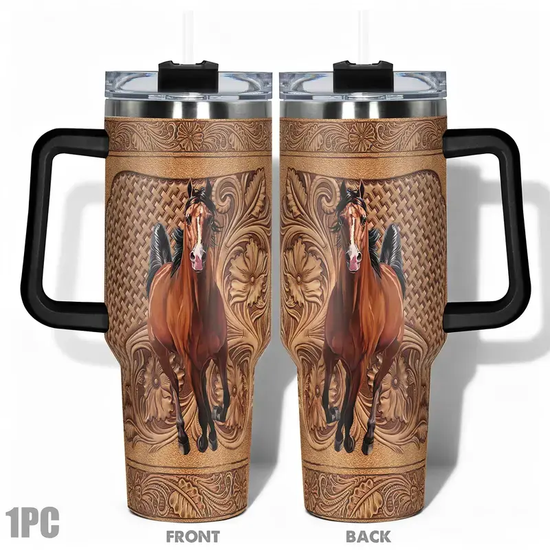 Western Horse 40oz, 20oz Insulated Tumbler with Handle, Lid and Straw - Galloping Brown Horse, Carved Leather Texture Print, Country Cowboy Style Birthday Gift Stainless Steel Travel Mug, Gift for Women Men
