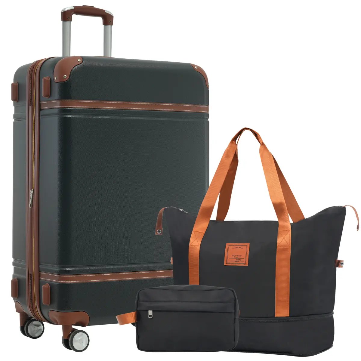 Vintage 3-Piece Expandable Size Luggage Set - 28 in Hardside Spinner Suitcase with Duffel Bag, Lightweight Travel Bag with TSA Lock (Black)