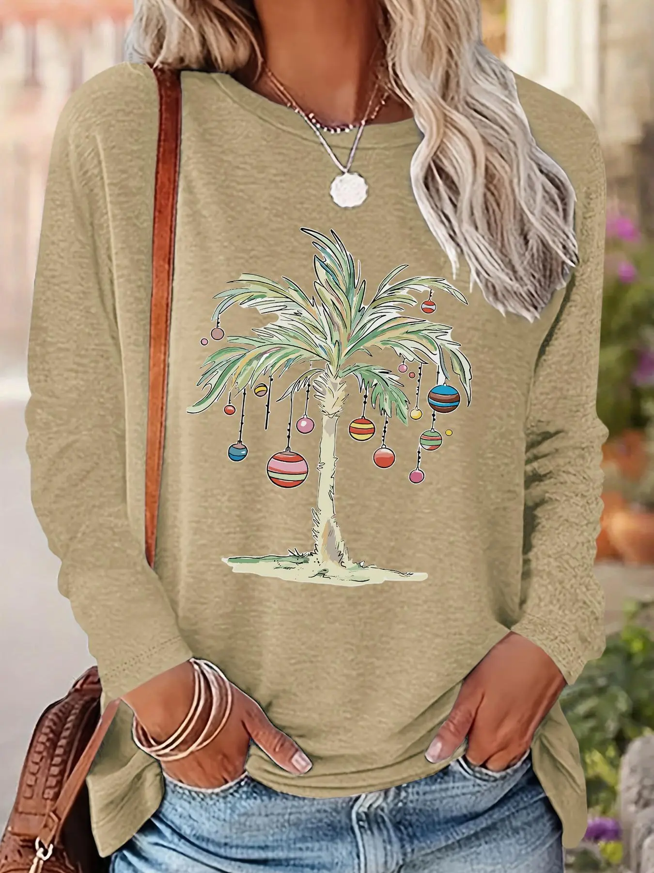 Women's Cartoon Christmas Tree Print Drop Shoulder T-shirt Top, Casual Long Sleeve Round Neck Pullover for Fall & Winter, Ladies Clothes for Daily Wear