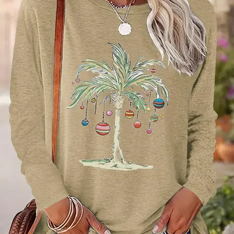 Women's Cartoon Christmas Tree Print Drop Shoulder T-shirt Top, Casual Long Sleeve Round Neck Pullover for Fall & Winter, Ladies Clothes for Daily Wear