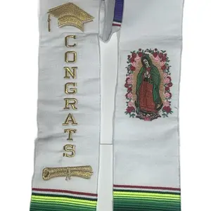 Virgen de Guadalupe White Graduation Sash with "CONGRATS" Text and Colorful Stripes, Featuring Emblem Design