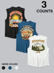 Men's Outdoor Adventure Vintage Tank Top Set, Sun Rising, Good Time, Explorer Life Graphic Sleeveless Shirt, Casual Loose Fit
