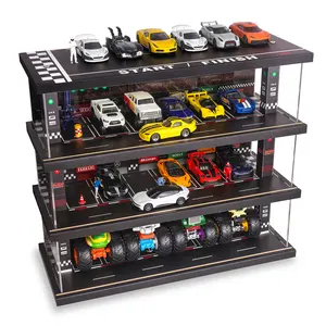 Saichotoy Toy Car Parking Garage - Freestanding Display Case with Lights for 1/64 Scale Diecast Cars, 4 Levels 24 Spots Maximum 40 Cars (Car Not Included, Racing Scene)