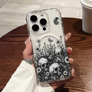 Dark Night Skull and Wildflower Dance Magnetic Phone Case for iPhone 11/17 Pro Max, Compatible with Galaxy S25, S24, S23 Ultra. A shockproof phone case and the perfect gift for birthdays, Valentine's Day, or for couples.