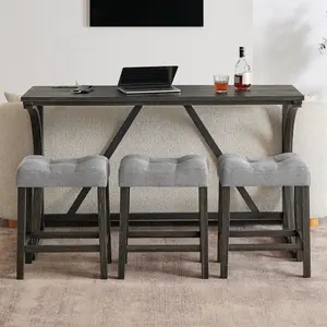 59 Inch Bar Table, Dining Table, Sofa Table with Power Outlet, 3 Upholstered Stools, 4 Piece Bar Table and Chair Set for Living Room, Dining Room, Kitchen