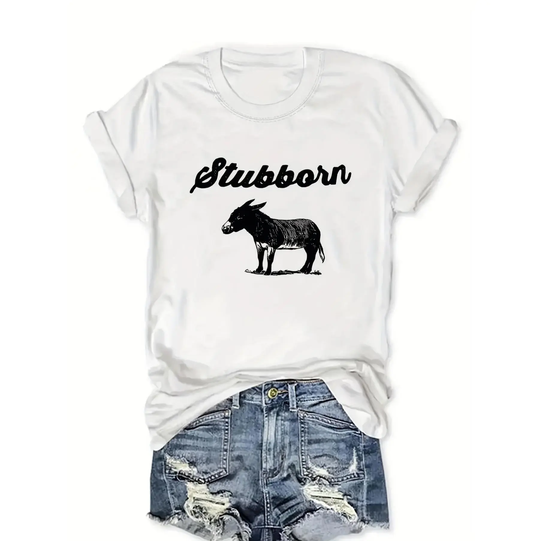 Stubborn Donkey Pattern T-shirt Women's Casual Rou unisex soft cotton short sleeve t shirt, vintage graphic casual tee for men women teens, perfect birthday holiday gift for camping travel gym daily street  wear