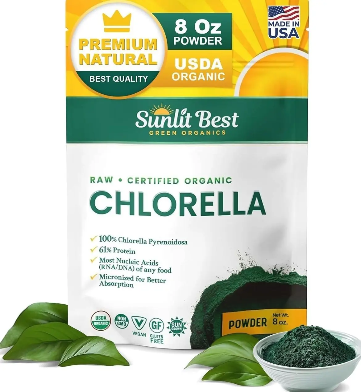 Sunlit Best Chlorella Powder Organic USDA, Green Algae Chlorella Powder, Broken Cell Wall Chlorellas, Raw Vegan Protein Chlorophyll - Non GMO, Gluten Free Superfood, Immune Support Supplement, 8 oz