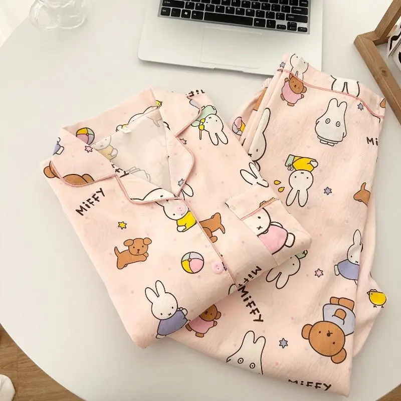 Loose-Fit Pajama Set for Women Bunny Lightweight Cotton Cartoon Cozy Loungewear with Long Sleeve & Pants All-Season Wear