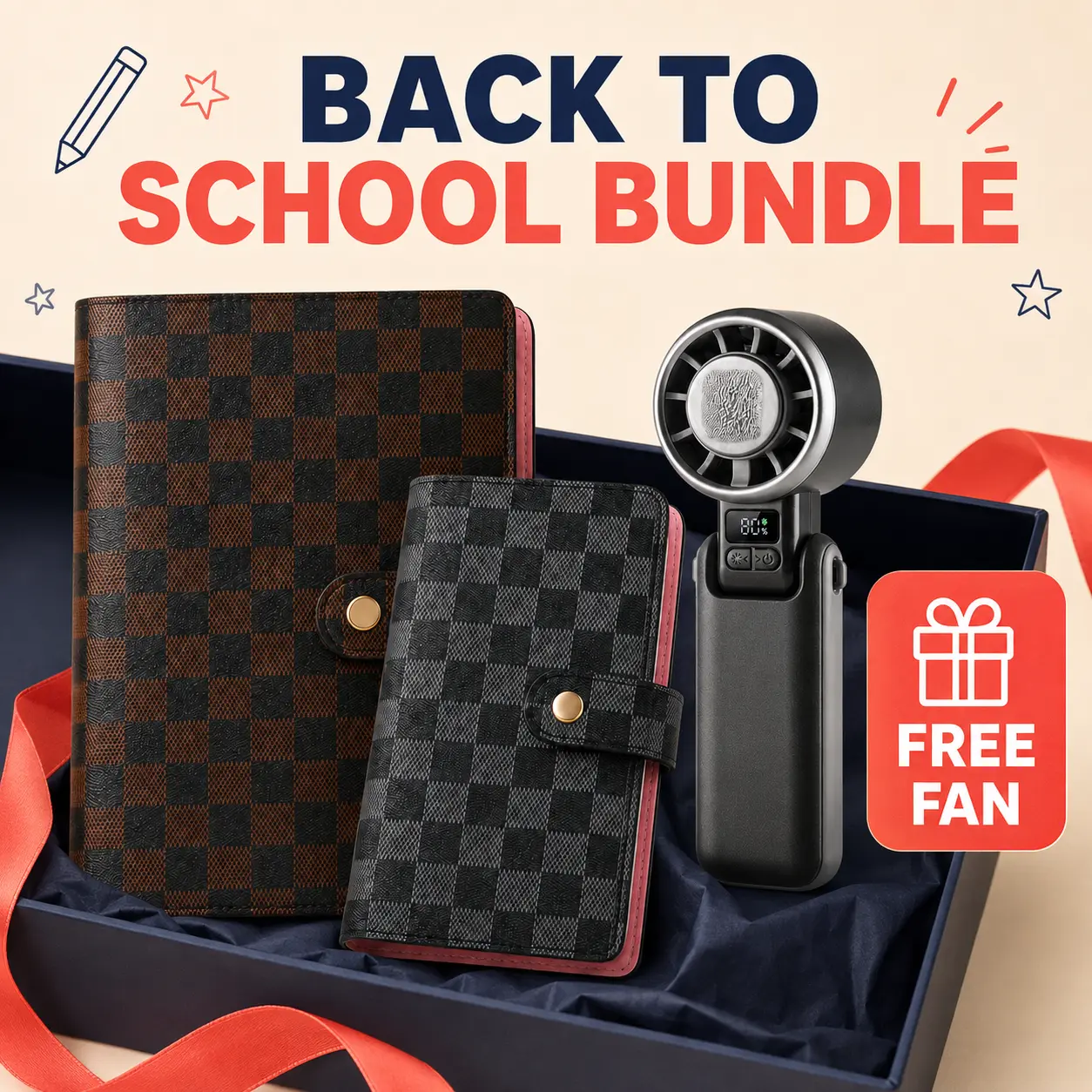 2-Piece Checkered Faux Leather Planner Set with Free Portable Mini Fan, A5 & A6 2026 Refillable 6-Ring Binder Notebooks with Snap Closure, Daily Schedule Organizer, Card Slots and Pen Loop for Office, Journaling and Budgeting Gifts