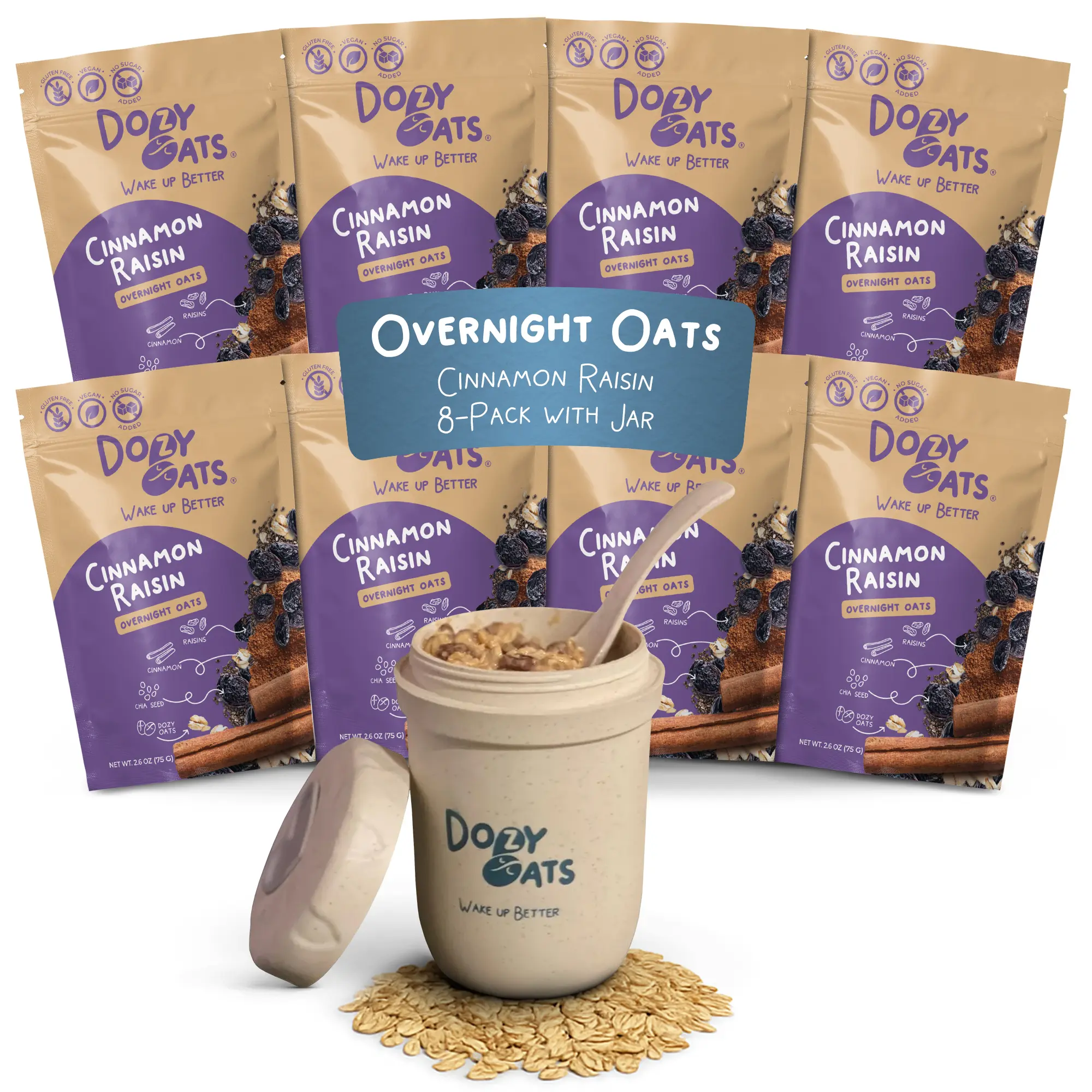 Dozy Oats Overnight Oatmeal Packets, Cinnamon Raisin Multipack with Rolled Oats, Chia Seeds, Date Powder, Cinnamon and Raisins. Gluten-Free, Natural Source of Protein and Fiber