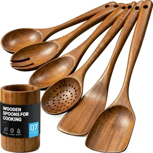 Utensil Set 7Pcs   for Cooking, Natural Teak Wood, Non-Stick, Smooth Finish, Easy to Clean, Comfort Grip, Kitchen  Cooking Utensils Set，Kitchen spatula