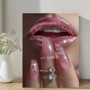 1 Piece Pink Lips and Diamond Ring Canvas Painting, Modern Abstract Art - Modern Wall Decoration with Cushion Texture, Wooden Frame Canvas Print, Suitable for Living Room, Office, Anniversary - Home Decoration Gift, Abstra