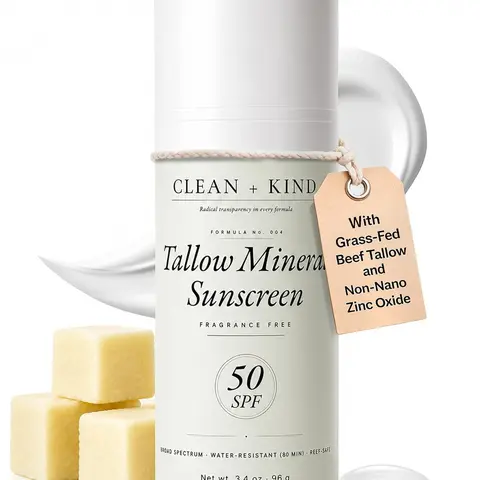 Clean + Kind Tallow Mineral Sunscreen - Lightweight Clean Sun Protection - Non-Nano Zinc Oxide & Raspberry Oil - Reef Safe Organic Daily