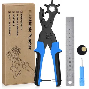 Professional Leather Hole Puncher, Full Set Punch Tool Kits for Belt, Watch Band, Shoe, Crafting, Handbag Straps, Fabric, with Extra Punch Plates and Ruler, Multi Hole Sizes Make - Blue