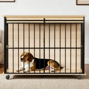 [Bellemave] Wooden Dog Crate Furniture with 4 movable wheels, Heavy Duty Steel Dog Kennel, Indoor Pet Cage for Medium Large Dogs