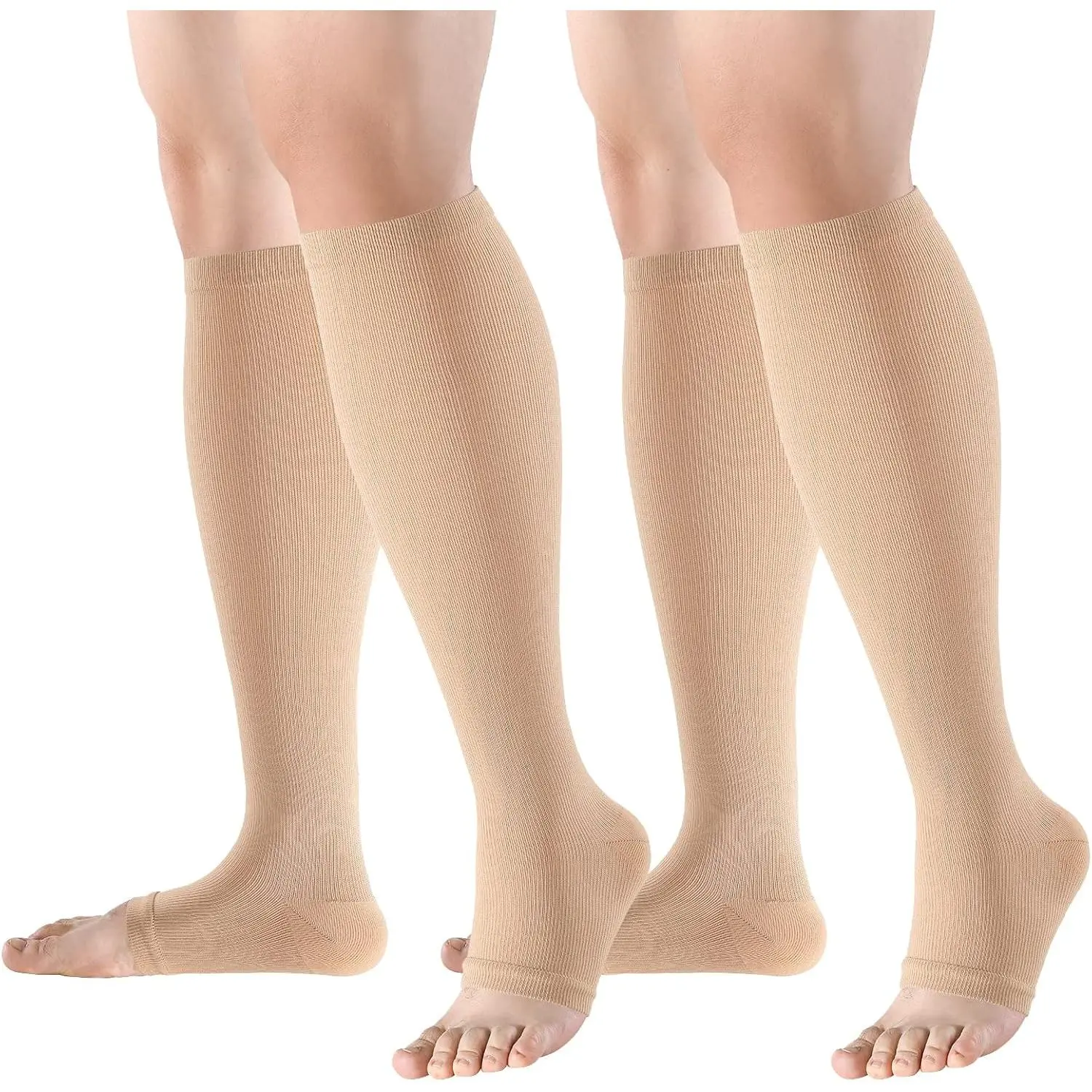 Open Toe Compression Stockings for Men & Women (2 Pairs), 15-20 mmHg Knee High Graduated Support for Circulation, Doctors & Nurses, Male, Adults, A01-Bbn, Unisex, Nylon Blend