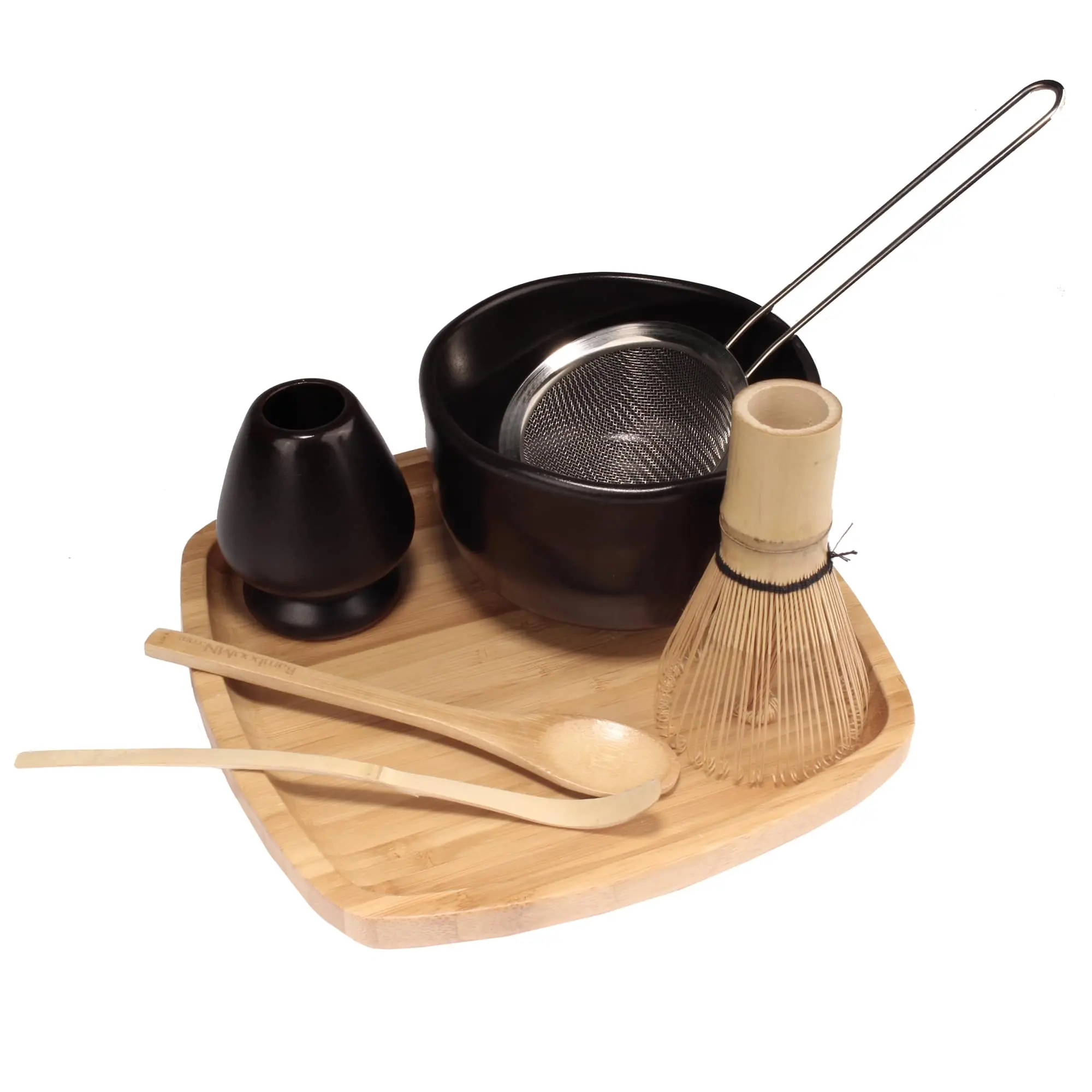 Matcha Set with Golden Chasen Whisk, Chashaku, Tea Spoon, Black Bowl, Black Rest, Strainer, Tea Tray