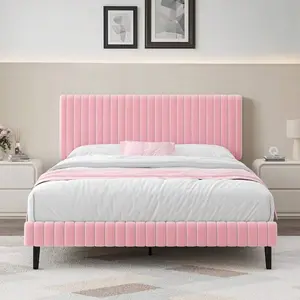 Queen Bed Frame, Upholstered Bed Frame With Headboard And Footboard, Vertical Channel Tufted Headboard, White/ Black/ Pink/ Green/ Blue, Twin/ Full/ Queen/ King