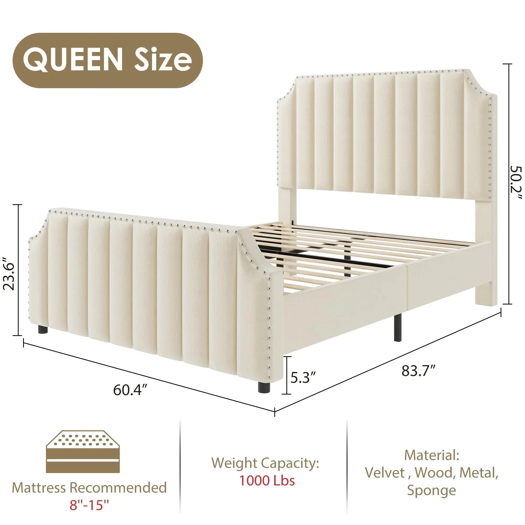 Garvee Cream Rectangular Queen Size Velvet Upholstered Bedframe - Platform Bedroom Furniture with Nailhead Trim Headboard & Footboard, Sturdy Wooden Slats, Silent Operation, No Box Spring Needed, Easy Assembly for Home Decor, Platform Bed Frame