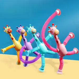 Suction Cup Giraffe Robot Telescopic Toy, Multifunctional Light-Up Extendable Tube, Children's Cartoon Creative Educational Toy Soft Stuffed Football Anxiety Relief with and Music