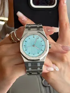 Oak Silver Steel Ice Blue Textured Dial Watch Refreshing Summer Versatile Style, Ice Blue Dial Watch Brushed Case Couple Watch Fashionable Watches