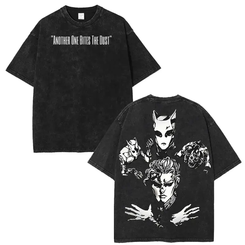 JoJo's Bizarre Adventure Yoshikage Kira Another One Bites The Dust Double‑Print Vintage Washed T‑Shirt, Anime OOTD show Manga Oversized Graphic Tee, Retro Streetwear Pure Cotton Casual Top, Unisex Short Sleeve Apparel for Men Women Anime Fans