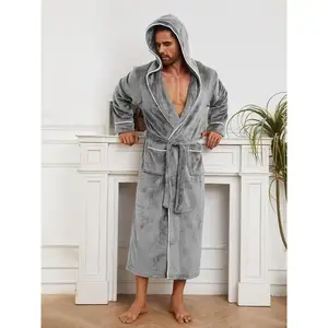 1pc Luxurious Plush Fleece Bathrobe - Cozy Thick Double-Layer Hooded Lounge Wear with Pockets, Machine Washable, Ideal for Autumn/Winter Comfort Long Sleeve Fashion Men's Cotton Flannel Robe