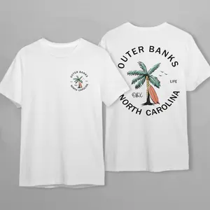 Preppy Women's T-Shirt "Outer Banks" Pink Graphic with "Salt" and "Obk North Carolina" Text Cotton and Polyester Blend Summer Top
