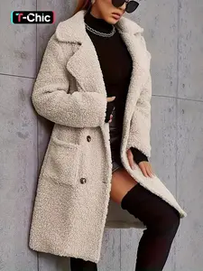 Women's Winter Lamb Fur Mid-Length Coat, Womenswear, Soft Aesthetic Ladies Double-Breasted Outerwear, Casual Loose-Fitting Jacket, Plain Pattern, No Ca Prop 65