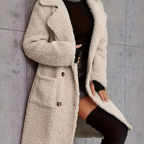 Women's Winter Fake Lamb Fleece Mid-Length Soft Coat, Casual Loose-Fitting Double-Breasted Outerwear, Plain Pattern, Unlined, Tk0241