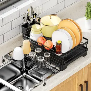 Dish Drying Rack - Extendable Dish Rack, Large Sink Drying Dish Drainer for Kitchen Counter, Stainless Steel Dish Strainer with Utensil Holder