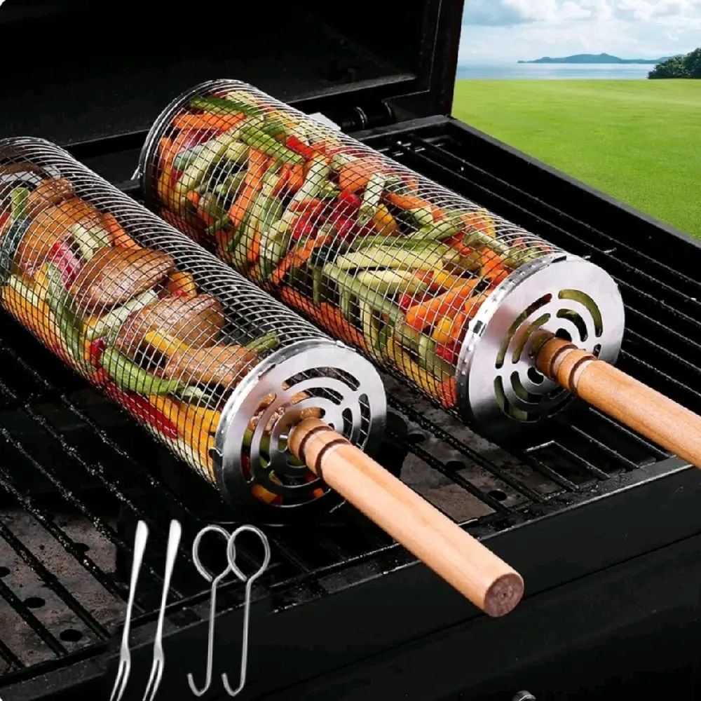 6-Pieces Nesting Rolling Grilling Basket Set, 304 Stainless Steel BBQ Utensils with Wooden Handles, Mesh Cylinder for Vegetables Fish Meat, Durable Rust-Resistant for Outdoor Camping, Grilling Gifts