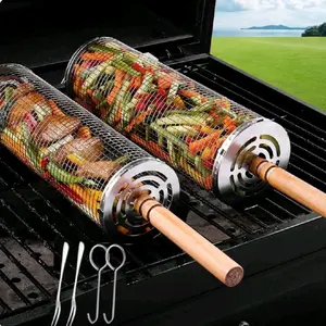 Rolling Grilling Basket Nesting Grill Baskets 2 PCS with Wooden Handles Stainless Steel Camping Grill Mesh Cylinder for Vegetables Fish Meat Grilling Gifts Outdoor BBQ