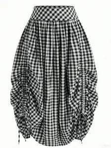 This Gingham Ruched Skirt is Retro Streetwear Cool  Drawstring Asymmetrical Midi Skirt