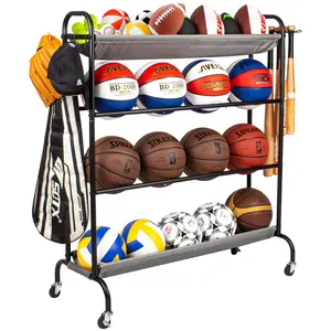 Basketball Rack, Garage Ball Storage Stand 4-Layer Ball Rack Rolling Balls Organizer with Baseball Bat Holder & Hooks Sport Equipment Storage Cart with Wheels for Football Volleyball Soccer Traditional