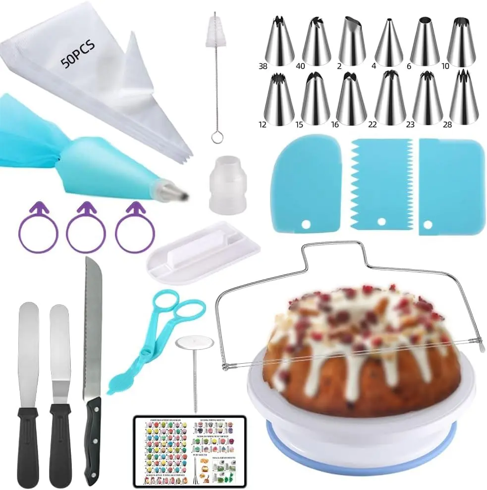 79 count Cake Decorating Kit,Beginner Cake Tools Set with Cake Turntable,Leveler,Flower  Lifter,12 Piping Tips, 51 Piping Bags&3Ties, 3 Spatula,3 Icing Scraper,for Cakers Dessert