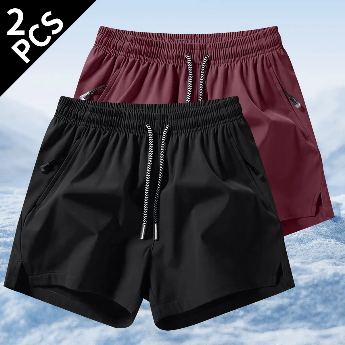 Set of 2 men’s drawstring shorts with zippered pockets, suitable for fitness, training, cycling, outdoor hiking, swimming, running; comfortable shorts—quick-drying, cool, breathable, sweat-wicking, stretchy—ideal for everyday summer wear.