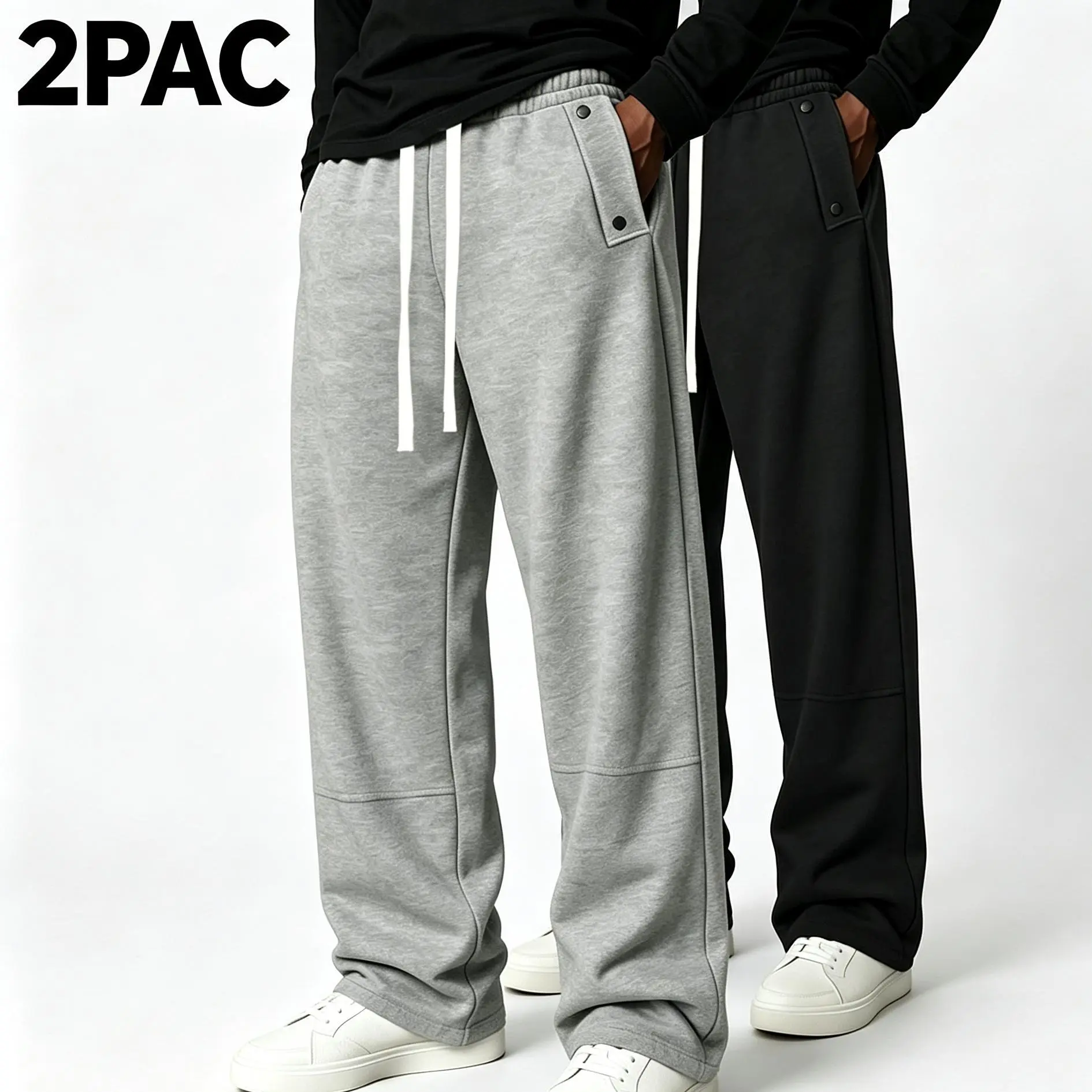 Men's Autumn/Winter 2-Pack Wide-Waist Straight-Leg Sweatpants, Drawstring Waist, Large Pockets, Relaxed Fit, Fluid Drape, Long Streetwear Pants for Everyday Outings