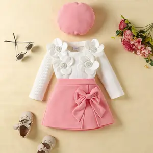 Toddler Baby Girls Fall Winter Skirt Outfits Long Sleeve 3D Flower Decor Ribbed Tops A-line Skirt Beret Set