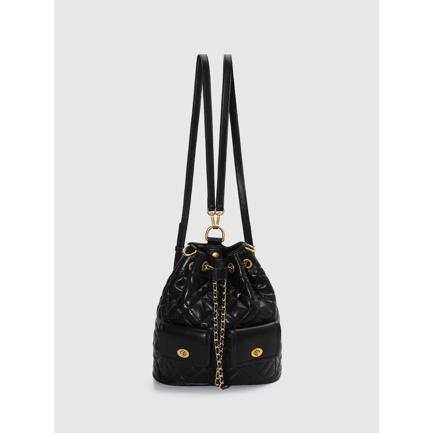 URBAN REVIVO 2026 Summer Faux Leather Quilted Diamond Drawstring Backpack, Artificial Leather Backpack with Diamond Icons, Artificial Leather Backpacks, Diamond Icons Backpacks