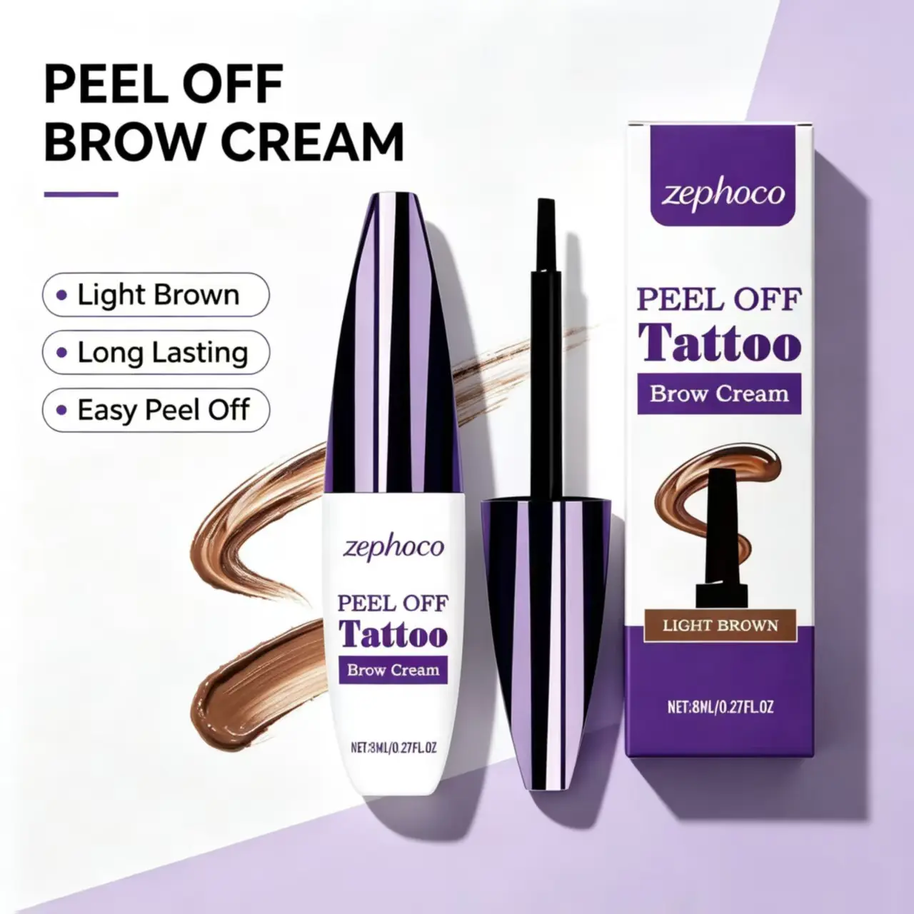 Zephoco Light Brown Peel-Off Liquid Eyebrow Pen - 22.8g Eyebrow Paste, Shapes Contour, Film-Forming Tint, Long-Lasting Natural Hair Flow, Waterproof Wear, Dry Then Peel, Sensitive Skin Safe, Gym Use, For Sparse Light Brows, Natural Look hour cream