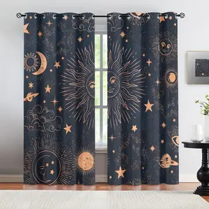 Whimsical Celestial Print Curtains, Dark Blue Background with Warm Peach & Gold Suns, Moons, Stars, and Planets, Vintage Style Home Decor, Perfect for Living Rooms, Bedrooms, and Studies, 2-Pack, Machine Washable