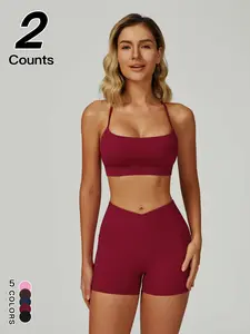Women's Sporty Yoga Bra & Shorts Set, Gym Exercise Activewear, Quick-Dry Backless Design, Sexy Outdoor Activewear, Butt Lifting Cross Pocket Workout
