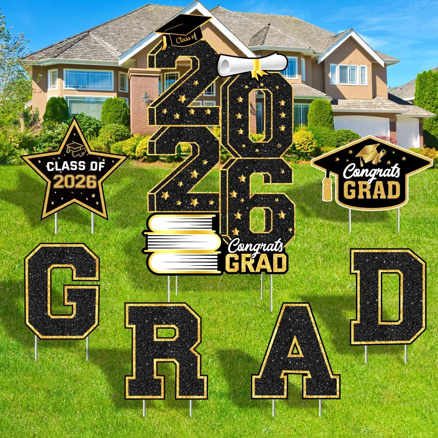 Graduation Decorations 2026, Graduation Yard Signs Class of 2026, Black Gold 7 Piece Set, Congrats Grad 2026 Lawn Signs with Stakes for Large Outdoor, Wind-Rain Stable, Easy Setup for Lawn Biswiter