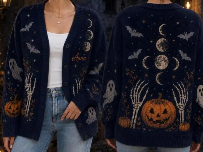 [ Custom Name ] Custom Skeleton Ghost Halloween Cardigan, Halloween Midnight Horror Shirt, Spooky Season Autumn Cardigan, Witchy Halloween Cozy Fall Outfit