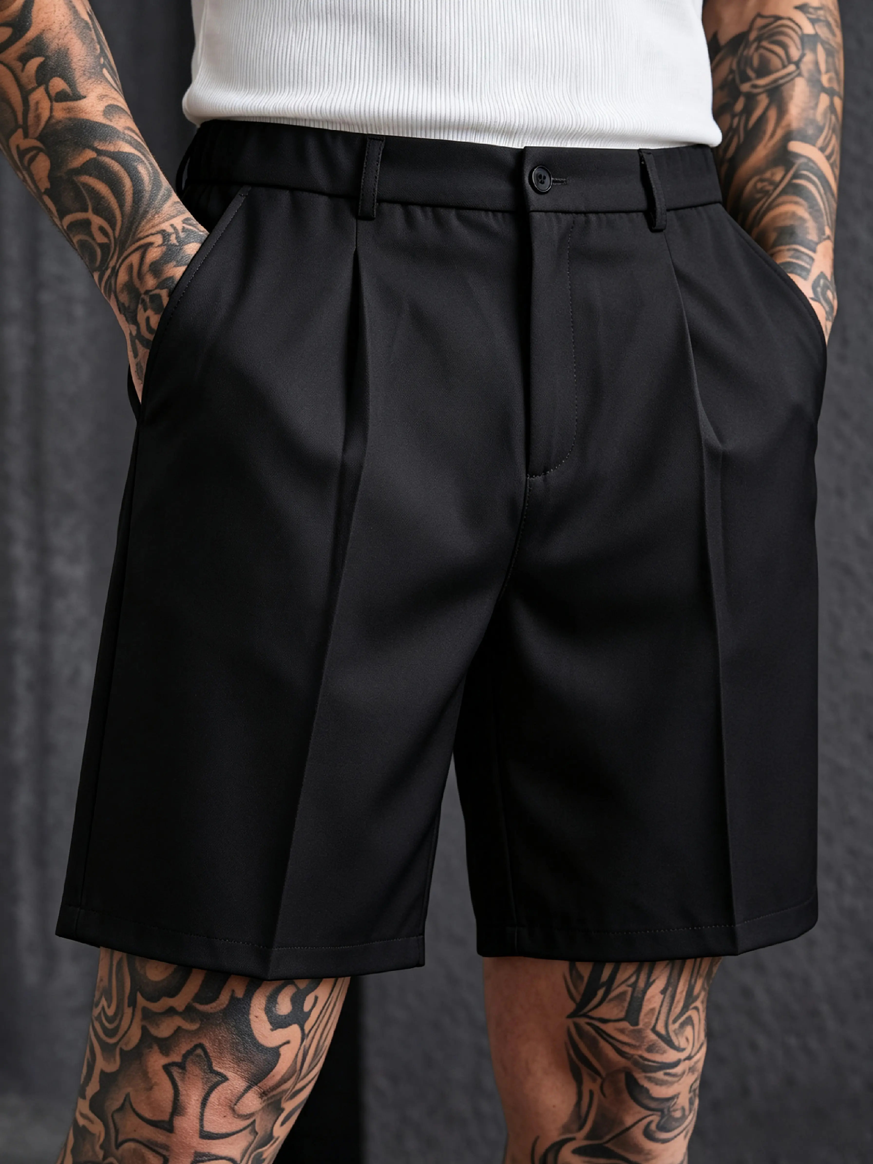 Menswear Plain Stylish Men's Pleated Dress Shorts - Loose Straight Cut, Knee-Length, Suitable for Business Office Wear, Summer Casual Outfits, Casual Chic, Pleated Front, Simple, Polyester